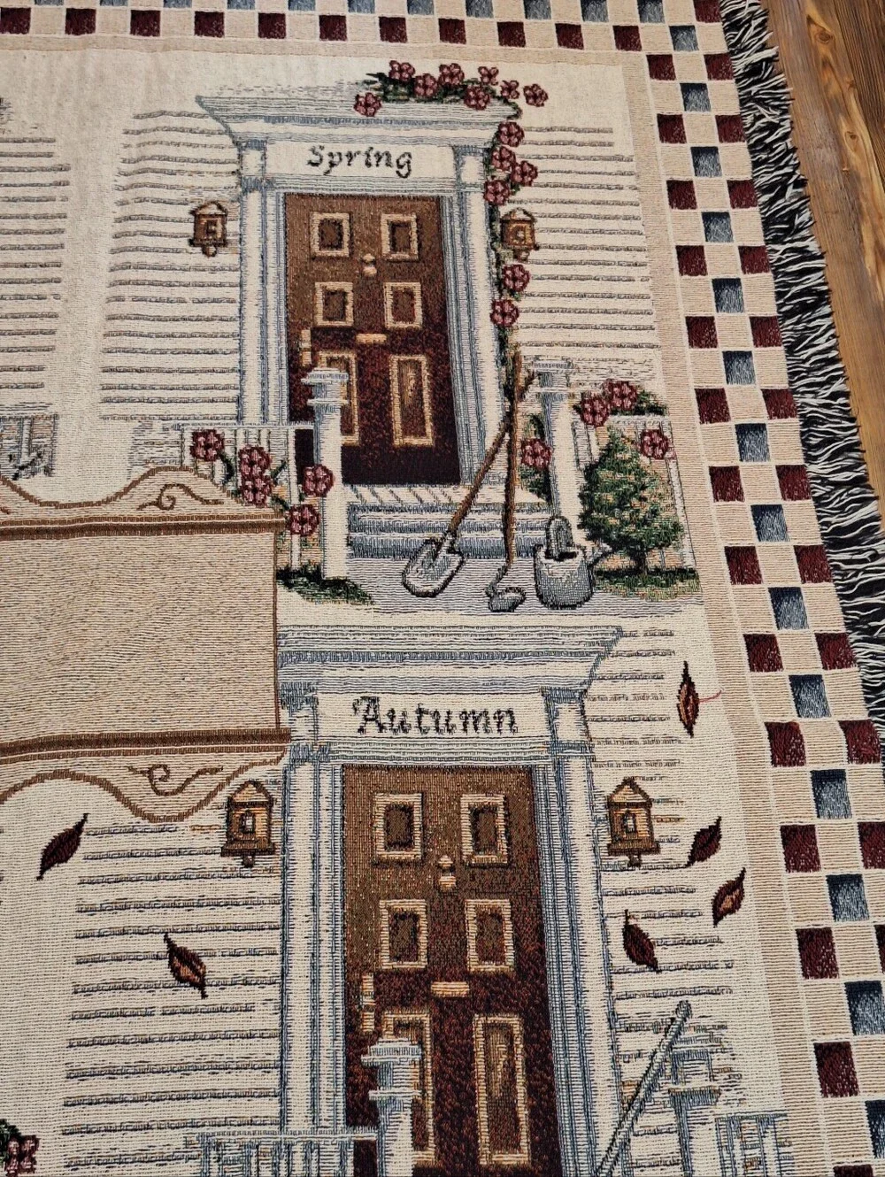 Vtg Four Seasons Woven Tapestry Throw Blanket With Fringe 50x60 Country Cottage